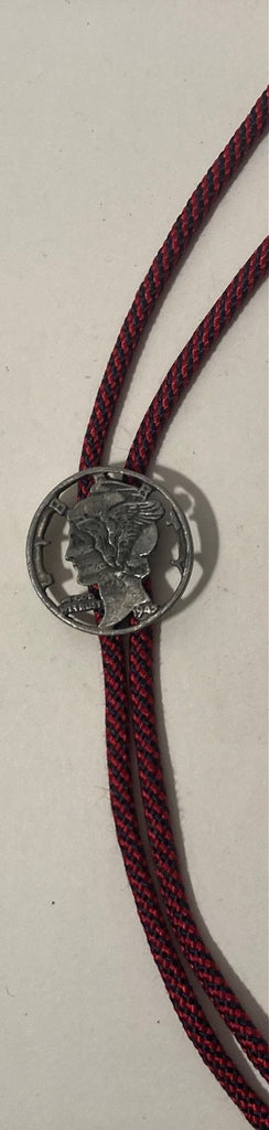 Vintage Metal Bolo Tie, Big Size Carved Out 1945 Mercury Dime Coin, Nice Western Design, 1 1/2" x 1 1/2", Quality, Heavy Duty, Made in USA
