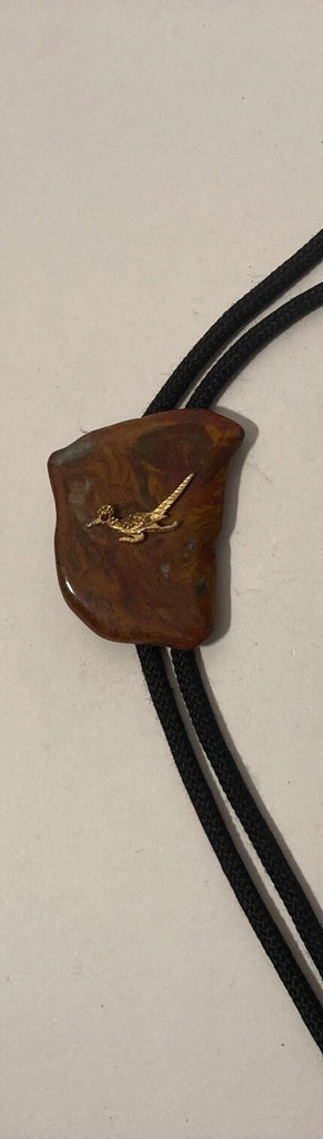 Vintage Metal Bolo Tie, Nice Big Stone with Brass Roadrunner Bird, Red Eye, Nature, Nice Western Design, 2 1/4" x 2", Quality, Heavy Duty