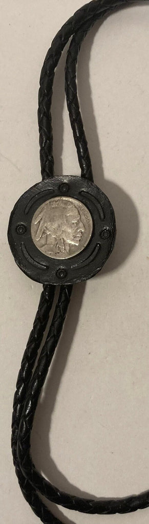 Vintage Metal Bolo Tie, Nice Buffalo Nickel Coin on Black Leather, Nice Western Design, 1 1/2" x 1 1/2", Quality, Heavy Duty, Made in USA