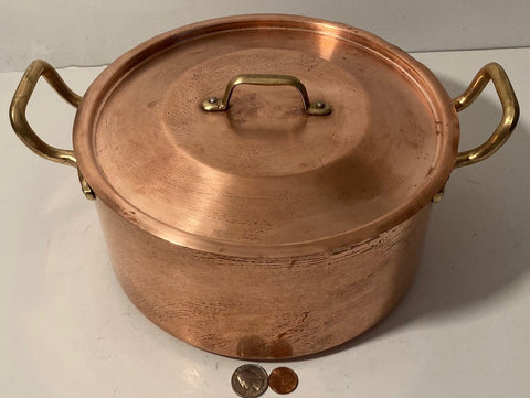 Vintage Metal Copper and Brass Cooking Stock Pot with Lid, Pan, Quality, Heavy Duty