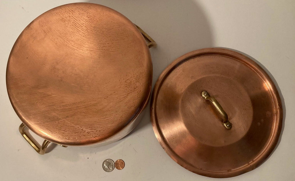 Vintage Metal Copper and Brass Cooking Stock Pot with Lid, Pan, Quality, Heavy Duty