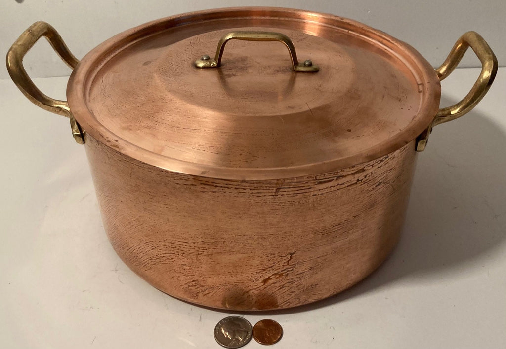 Vintage Metal Copper and Brass Cooking Stock Pot with Lid, Pan, Quality, Heavy Duty