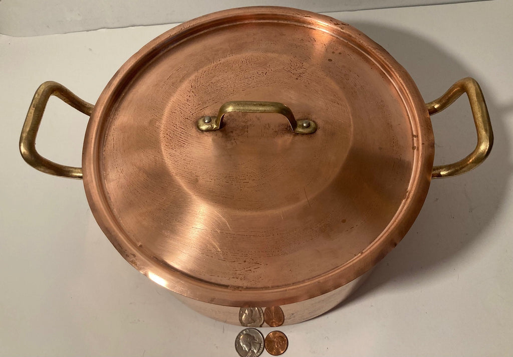 Vintage Metal Copper and Brass Cooking Stock Pot with Lid, Pan, Quality, Heavy Duty