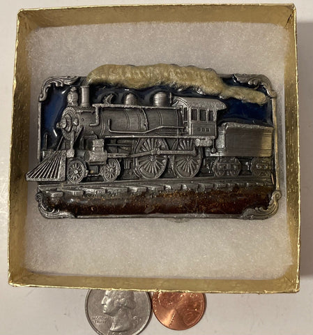 Vintage 1986 Metal Belt Buckle, Enamel, Train, Locomotive, Nice Western Design, 3 1/4" x 2 1/4", Heavy Duty, Made in USA