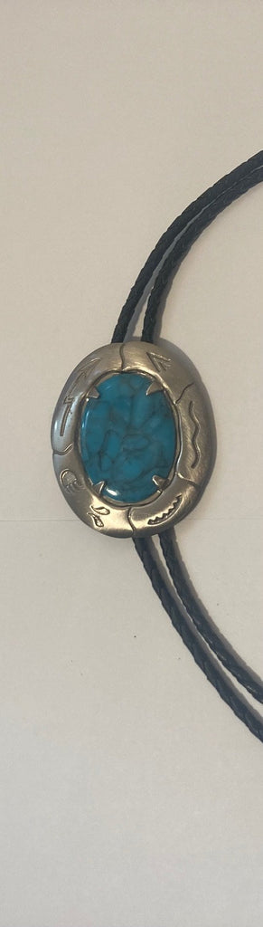 Vintage Metal Bolo Tie, Nice Blue Turquoise Stone Design, Nice Western Design, 2 1/2" x 2", Quality, Heavy Duty, Made in USA, Country