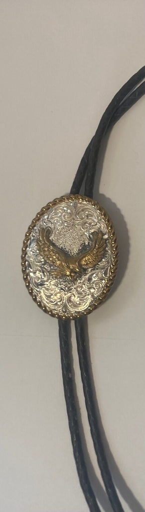 Vintage Metal Bolo Tie, Silver and Brass, Nice American Bald Eagle, Crumrine, Nice Western Design, 2 1/4" x 1 3/4", Quality, Heavy Duty