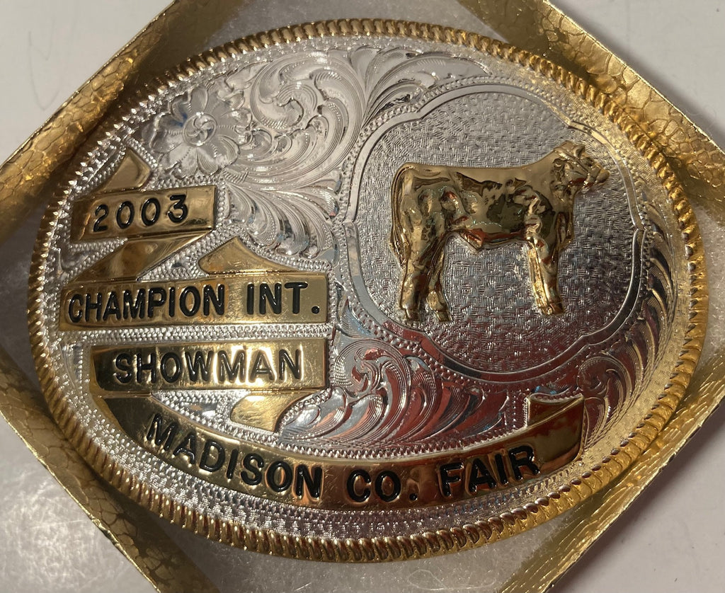 Vintage 2003 Metal Belt Buckle, Silver and Brass, Montana Silversmiths, Champion, Showman, Madison County Fair, Ohio, Cow, Cattle, Beef