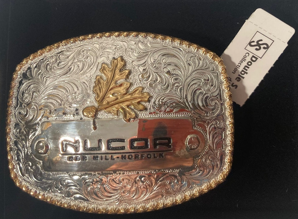 Vintage Metal Belt Buckle, Silver and Brass, NUCOR, Bar Mill, Norfolk, Steel, Rodeo, Nice Horse Design, Nice Western Design