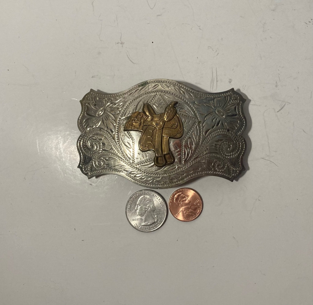 Vintage Metal Belt Buckle, Nickel Silver and Brass, Horse Saddle, Cowboy, Nice Western Design, 3 3/4" x 2 1/2", Heavy Duty, Quality