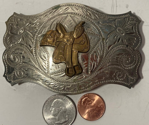 Vintage Metal Belt Buckle, Nickel Silver and Brass, Horse Saddle, Cowboy, Nice Western Design, 3 3/4" x 2 1/2", Heavy Duty, Quality