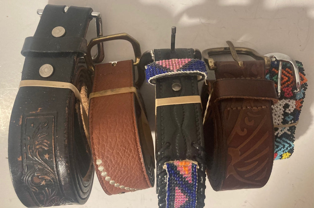 Vintage Lot of 5 Assorted Leather Belts, Nice Good Leather Designs, Live to Ride, Country & Western, Western Wear, Resell, Assorted Sizes