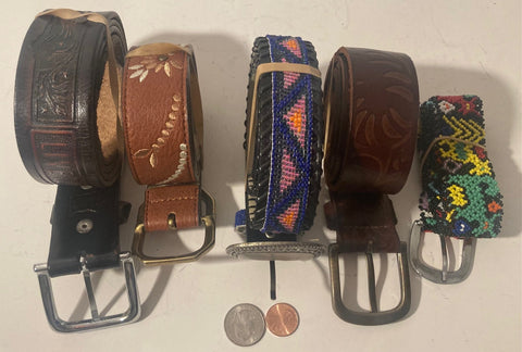 Vintage Lot of 5 Assorted Leather Belts, Nice Good Leather Designs, Live to Ride, Country & Western, Western Wear, Resell, Assorted Sizes