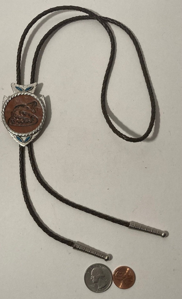 Vintage Metal Bolo Tie, Nice Silver Arrowhead Native Design, Leather Rattlesnake, Nice Western Design, 2 1/4" x 1 3/4", Quality, Heavy Duty