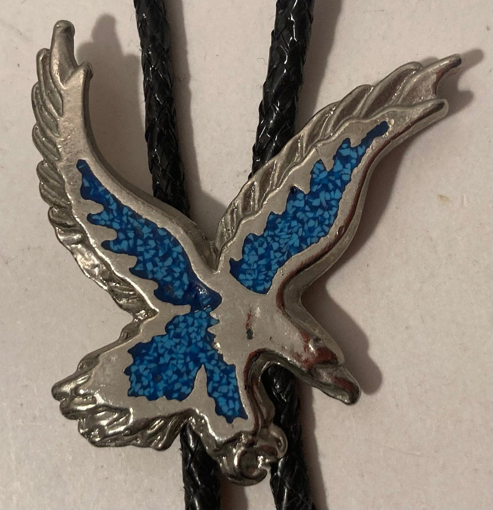 Vintage Metal Bolo Tie, Nice Silver and Blue Crush Turquoise Stone Design, Eagle, Nice Western Design, 2 1/4" x 2", Quality, Heavy Duty