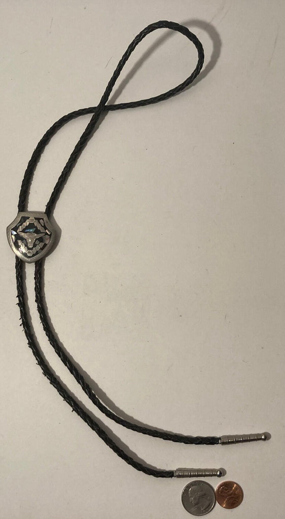 Vintage Metal Bolo Tie, Nice Silver and Abalone Design, Longhorn, Bull, Nice Western Design, 1 1/2" x 1 1/2", Quality, Heavy Duty, Country