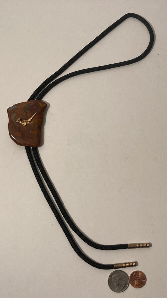 Vintage Metal Bolo Tie, Nice Big Stone with Brass Roadrunner Bird, Red Eye, Nature, Nice Western Design, 2 1/4" x 2", Quality, Heavy Duty