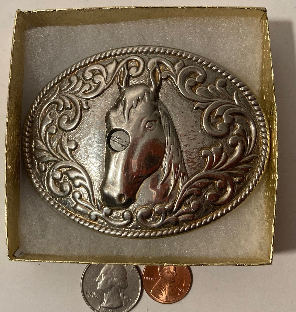 Vintage Metal Belt Buckle, 24K Gold Plated, Nice Horse, Nice Western Design, 3 1/2" x 2 3/4", Heavy Duty, Made in USA, Quality, Thick Metal