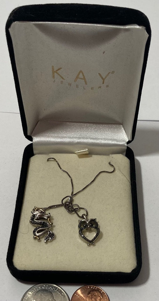 Vintage Sterling Silver and 10K Gold Necklace, Nice Pendant with Nice Snake and Owl Designs, Very Nice Unique Design, Kay Jewelers