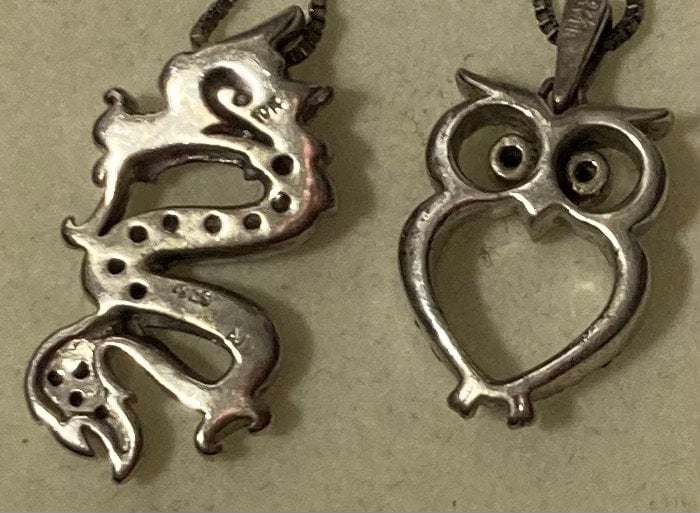 Vintage Sterling Silver and 10K Gold Necklace, Nice Pendant with Nice Snake and Owl Designs, Very Nice Unique Design, Kay Jewelers