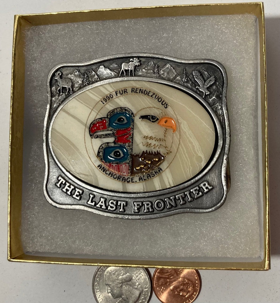 Vintage 1990 Metal Belt Buckle, Fur Rendezvous, The Last Frontier, Kiana, The Alaska Mint, Nice Western Design, 2 3/4" x 2 1/2", Heavy Dut