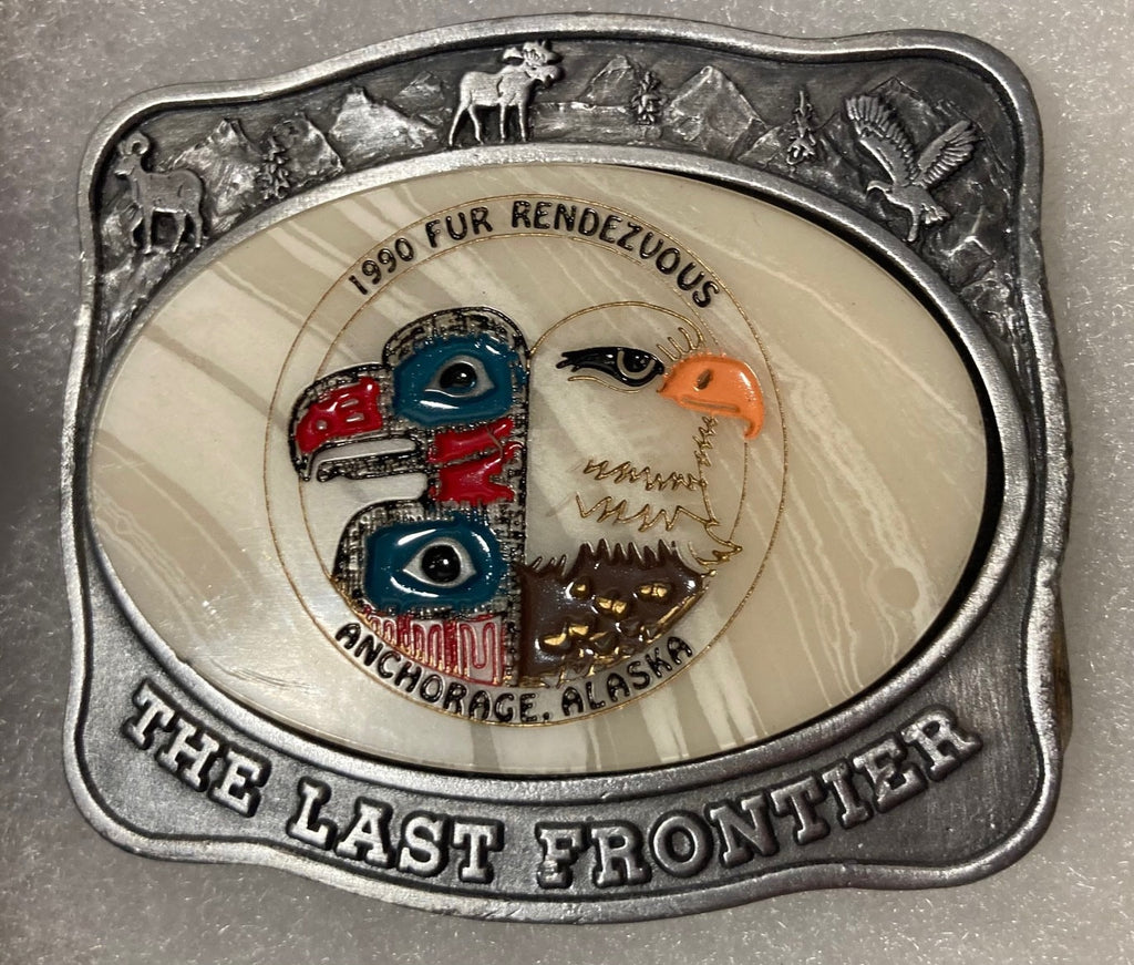 Vintage 1990 Metal Belt Buckle, Fur Rendezvous, The Last Frontier, Kiana, The Alaska Mint, Nice Western Design, 2 3/4" x 2 1/2", Heavy Dut