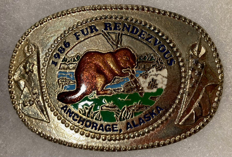 Vintage 1986 Metal Belt Buckle, Fur Rendezvous, Anchorage Alaska, Nice Western Design, 3" x 2", Heavy Duty, Quality, Thick Metal