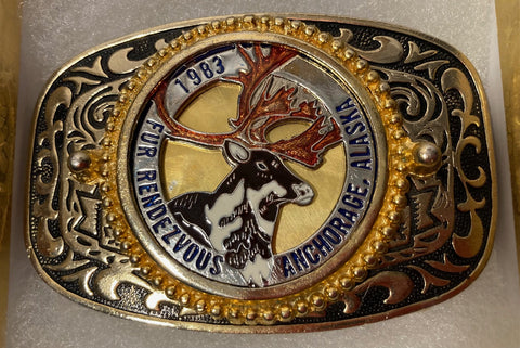 Vintage 1983 Metal Belt Buckle, Fur Rendezvous, Anchorage Alaska, Nice Western Design, 3 1/2" x 2 1/4", Heavy Duty, Quality, Thick Metal