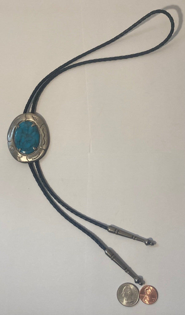 Vintage Metal Bolo Tie, Nice Blue Turquoise Stone Design, Nice Western Design, 2 1/2" x 2", Quality, Heavy Duty, Made in USA, Country