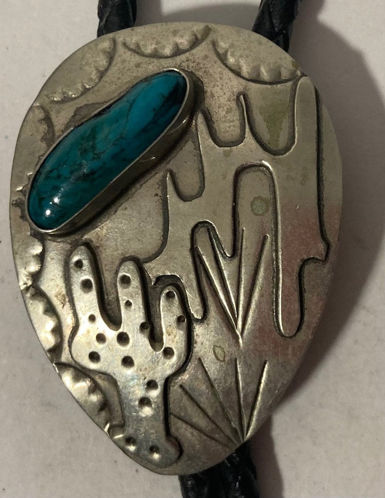 Vintage Metal Bolo Tie, Nice Silver and Turquoise Design, Cactus, Nice Western Design, 1 3/4" x 1 1/4", Quality, Heavy Duty, Made in USA