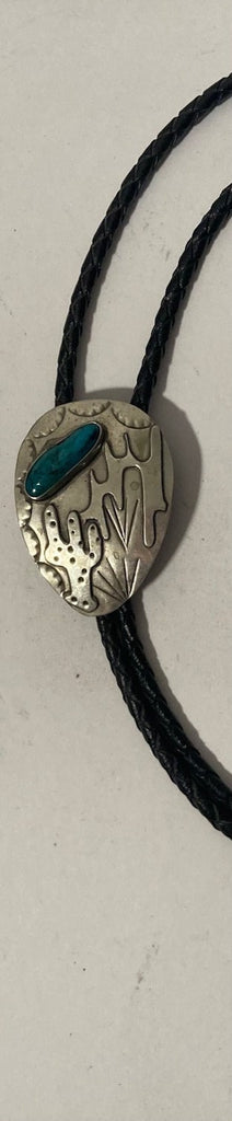 Vintage Metal Bolo Tie, Nice Silver and Turquoise Design, Cactus, Nice Western Design, 1 3/4" x 1 1/4", Quality, Heavy Duty, Made in USA