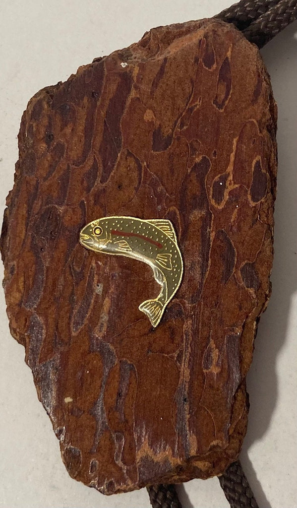 Vintage Wooden Bolo Tie, Nice Wood with Nice Bass Fish, Trout Design, Nice Western Design, 3 1/2" x 2", Quality, Heavy Duty, Made in USA