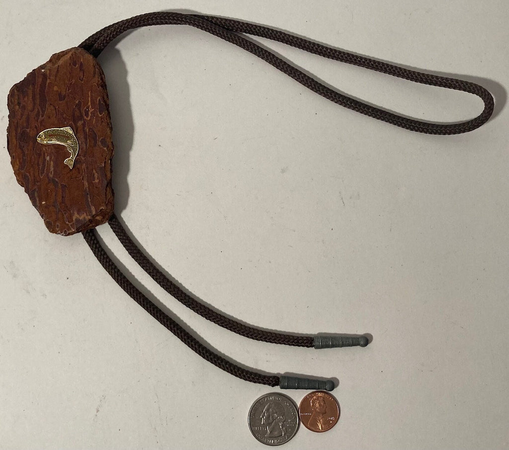 Vintage Wooden Bolo Tie, Nice Wood with Nice Bass Fish, Trout Design, Nice Western Design, 3 1/2" x 2", Quality, Heavy Duty, Made in USA