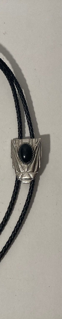 Vintage Metal Bolo Tie, Nice Silver and Black Onyx Stone Design, Nice Western Design, 1 1/2" x 1 1/4", Quality, Heavy Duty, Made in USA
