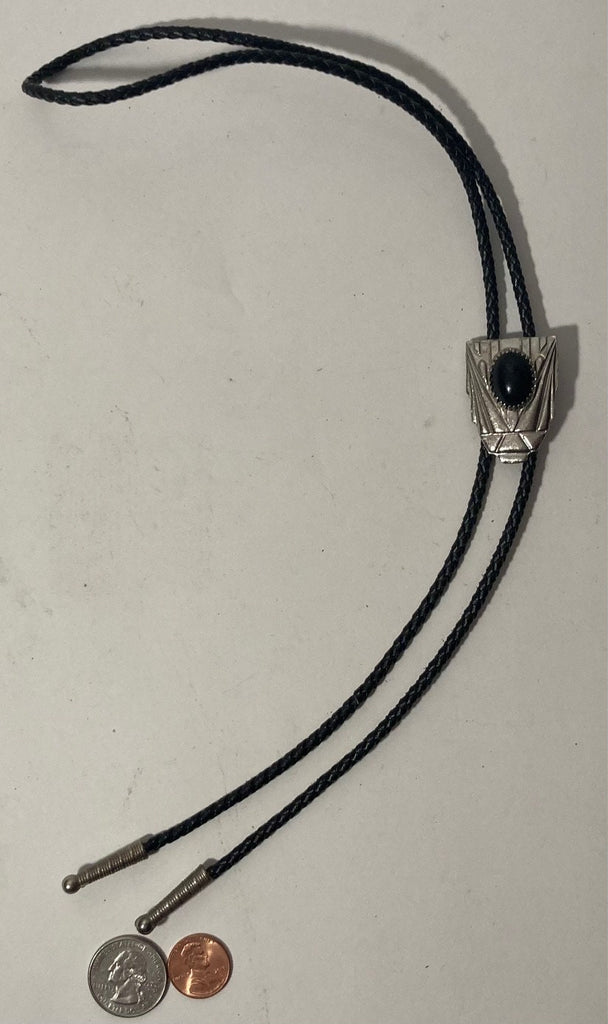 Vintage Metal Bolo Tie, Nice Silver and Black Onyx Stone Design, Nice Western Design, 1 1/2" x 1 1/4", Quality, Heavy Duty, Made in USA