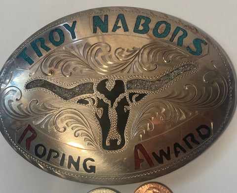 Vintage Metal Belt Buckle, Silver with Nice Blue and Red Crushed Turquoise Stones Design, Troy Nabors Roping Award, Nice Western Design