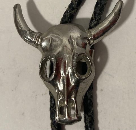 Vintage Metal Bolo Tie, Nice Skull, Bull, Cow, Cattle Design, Native Design, Nice Western Design, 1 3/4" x 1 1/2", Quality, Heavy Duty