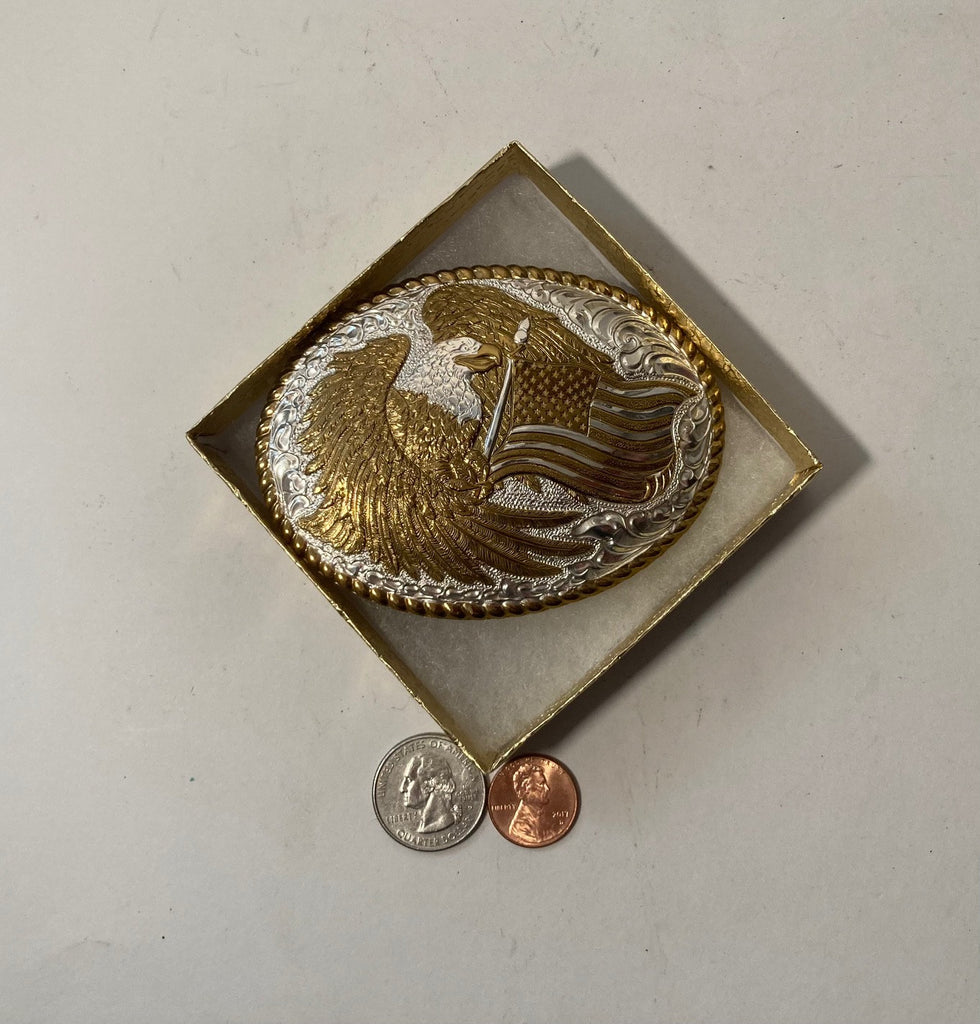 Vintage 2000 Metal Belt Buckle, Silver and Brass, Eagle and American Flag, Crumrine,   Nice Western Design, 3 3/4" x 2 3/4", Heavy Duty