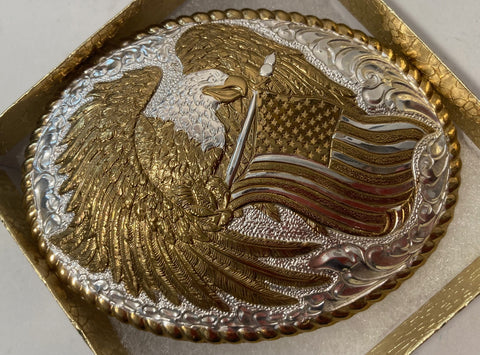 Vintage 2000 Metal Belt Buckle, Silver and Brass, Eagle and American Flag, Crumrine,   Nice Western Design, 3 3/4" x 2 3/4", Heavy Duty