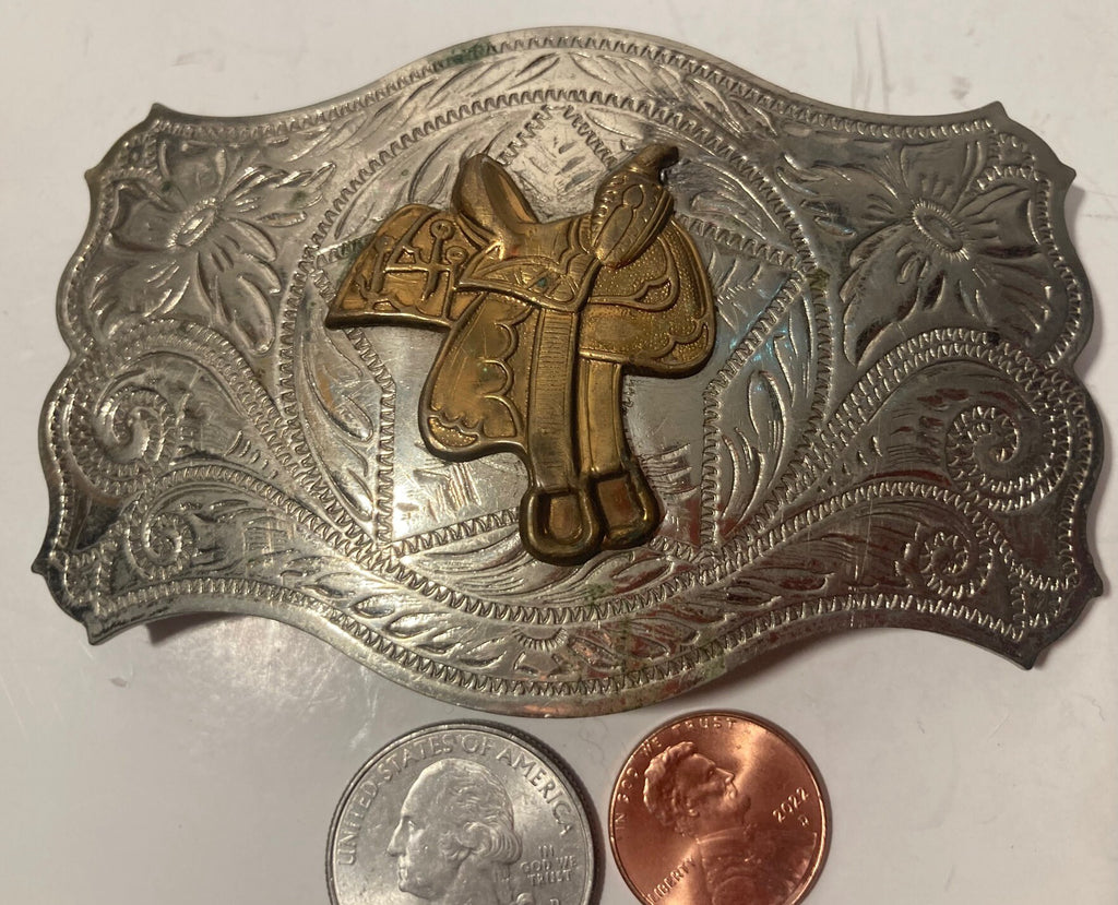 Vintage Metal Belt Buckle, Nickel Silver and Brass, Horse Saddle, Cowboy, Nice Western Design, 3 3/4" x 2 1/2", Heavy Duty, Quality