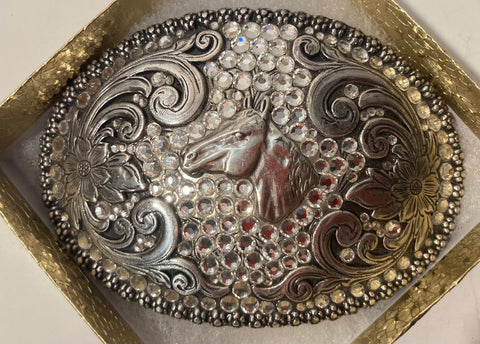 Vintage Metal Belt Buckle, Nocona, Nice Horse with Sparkly Stones Design, Rodeo, Cowboy, Nice Western Design, 4" x 2 3/4", Heavy Duty