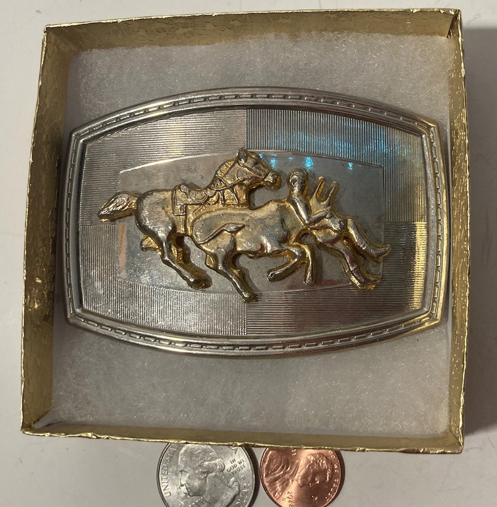 Vintage Metal Belt Buckle, Cow Wrestling, Rodeo, Cowboy, Nice Western Design, 3 1/2" x 2 1/4", Heavy Duty, Quality, Thick Metal, Made in USA