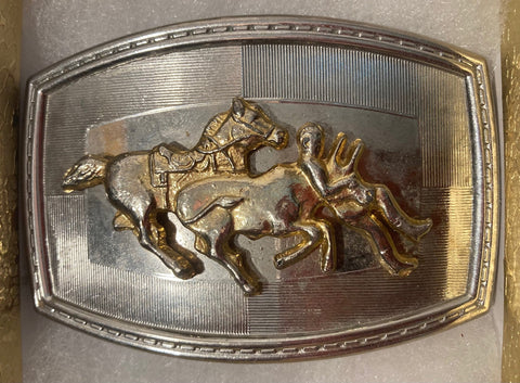 Vintage Metal Belt Buckle, Cow Wrestling, Rodeo, Cowboy, Nice Western Design, 3 1/2" x 2 1/4", Heavy Duty, Quality, Thick Metal, Made in USA