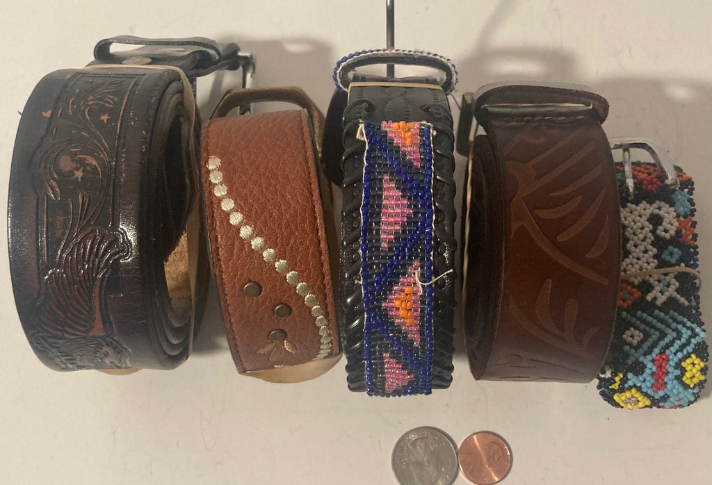 Vintage Lot of 5 Assorted Leather Belts, Nice Good Leather Designs, Live to Ride, Country & Western, Western Wear, Resell, Assorted Sizes
