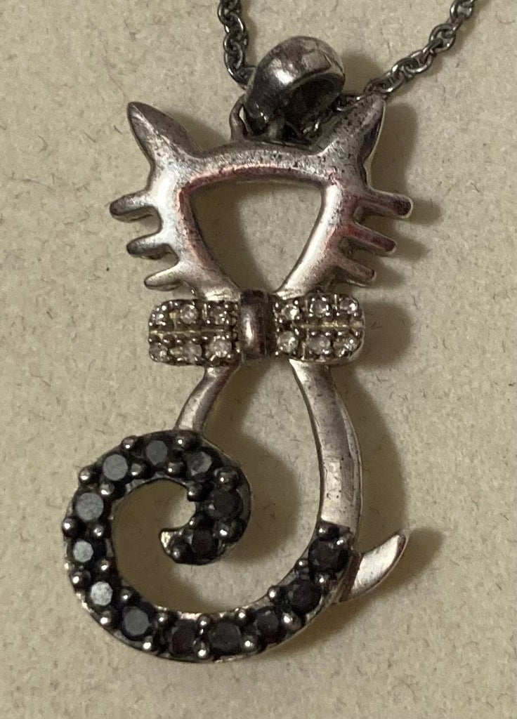 Vintage Sterling Silver Necklace, Nice Pendant with Cat Design, Kitty, Nice Black and Clear Stones Design, Very Nice Unique Design