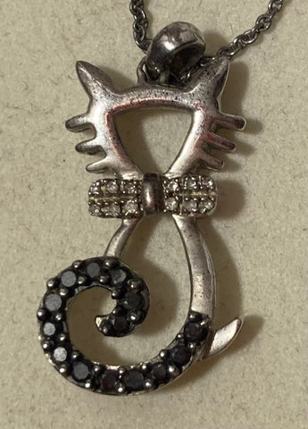 Vintage Sterling Silver Necklace, Nice Pendant with Cat Design, Kitty, Nice Black and Clear Stones Design, Very Nice Unique Design