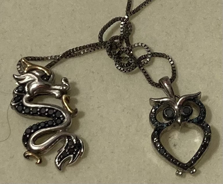 Vintage Sterling Silver and 10K Gold Necklace, Nice Pendant with Nice Snake and Owl Designs, Very Nice Unique Design, Kay Jewelers