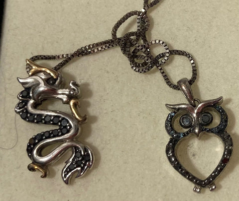 Vintage Sterling Silver and 10K Gold Necklace, Nice Pendant with Nice Snake and Owl Designs, Very Nice Unique Design, Kay Jewelers