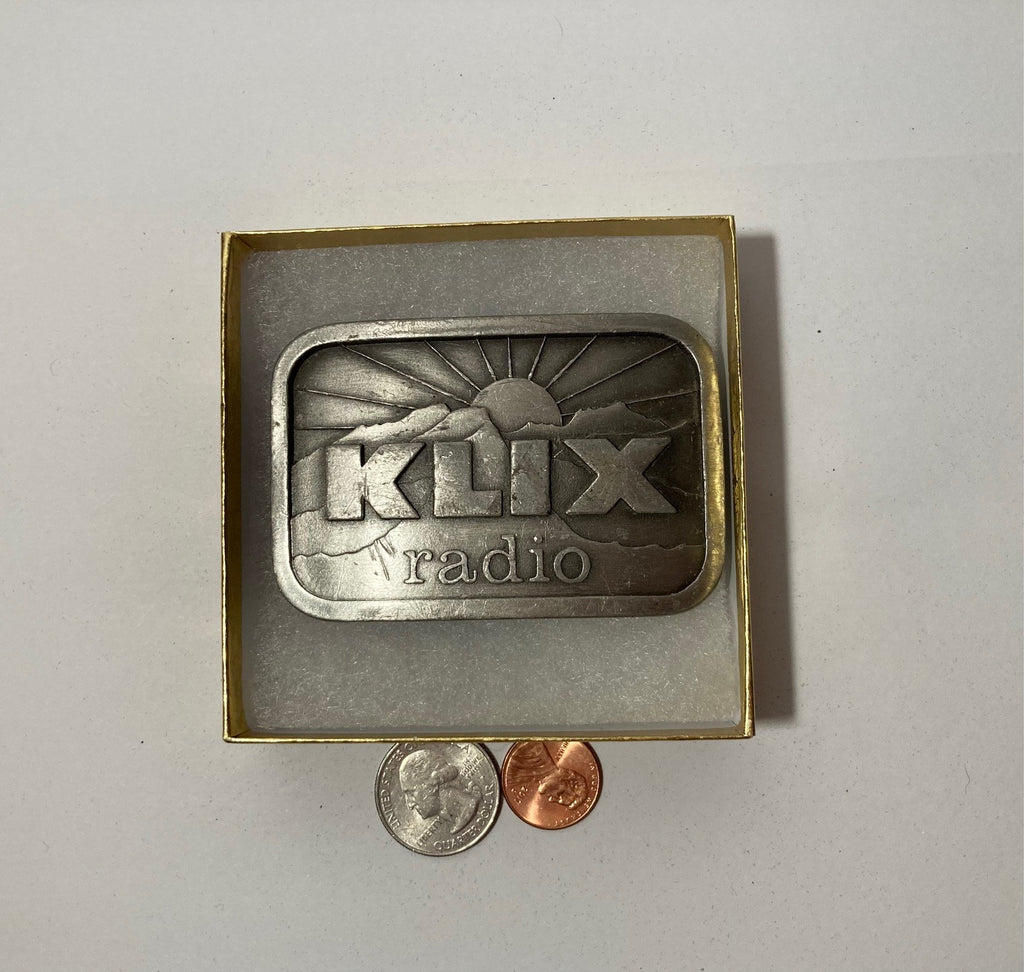 Vintage Metal Belt Buckle, KLIX Radio, Music, Nice Western Design, 3 1/4" x 2 1/4", Heavy Duty, Quality, Thick Metal, Made in USA