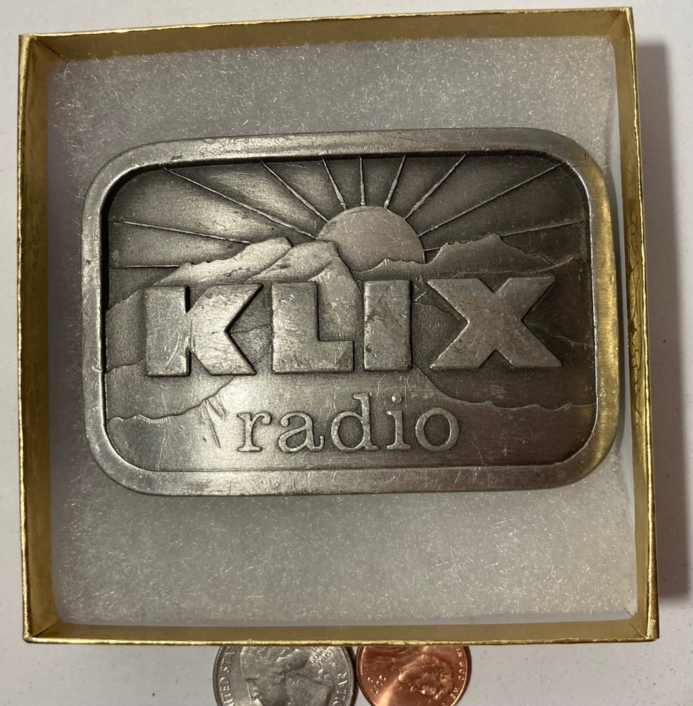 Vintage Metal Belt Buckle, KLIX Radio, Music, Nice Western Design, 3 1/4" x 2 1/4", Heavy Duty, Quality, Thick Metal, Made in USA