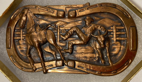 Vintage Metal Belt Buckle, Cow Wrestling, Nice Western Design, 3 1/2" x 2", Heavy Duty, Quality, Thick Metal, Made in USA, For Belts